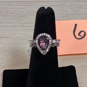 Pear Cut Purple Stone Halo Ring Silver Tone CZ Accent Ring Size 6